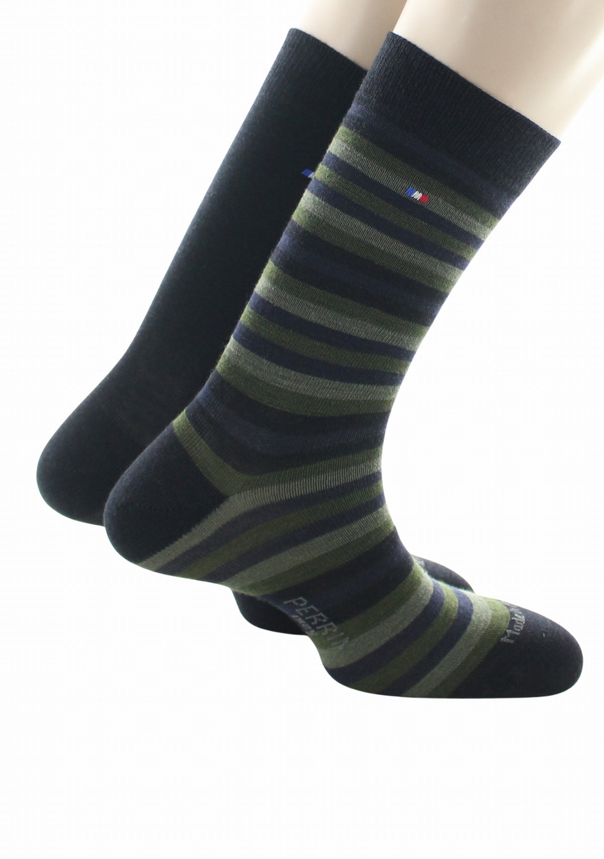 Duo chaussettes en laine mérinos Perrin Noir uni/Noir & Kaki rayé NOIR/KAKI