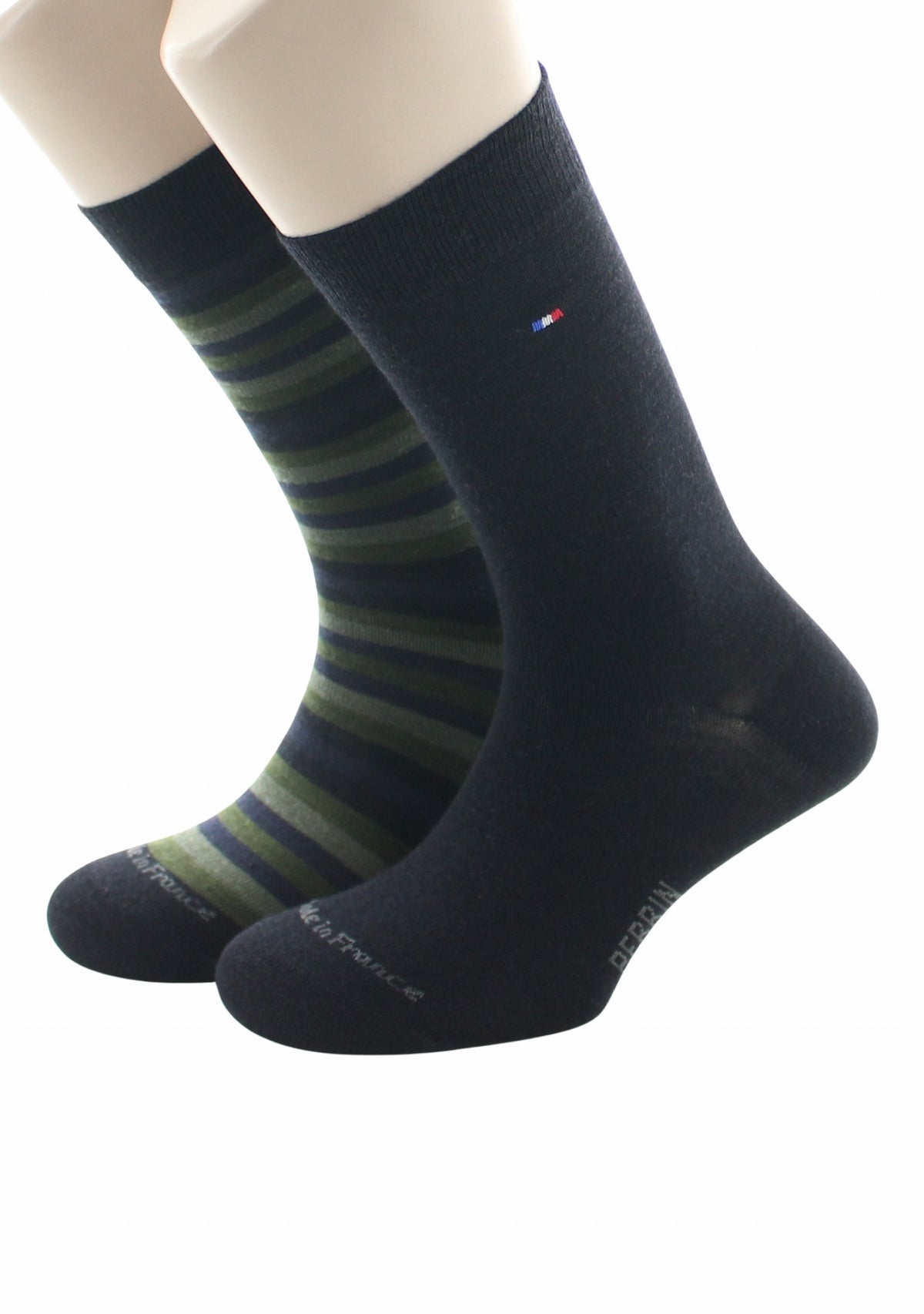 Duo chaussettes en laine mérinos Perrin Noir uni/Noir & Kaki rayé NOIR/KAKI