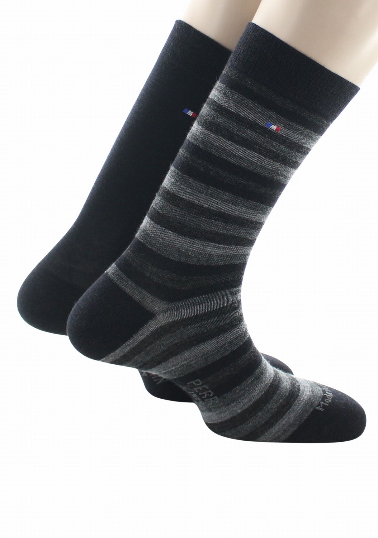 Duo de chaussettes en laine mérinos Perrin Noir uni/Noir & Gris rayé NOIR/GRIS