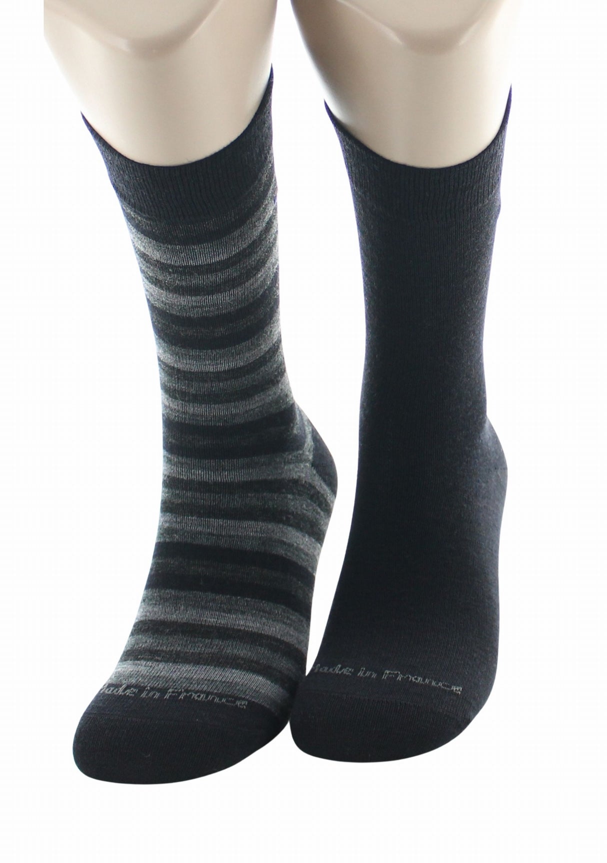 Duo de chaussettes en laine mérinos Perrin Noir uni/Noir & Gris rayé NOIR/GRIS