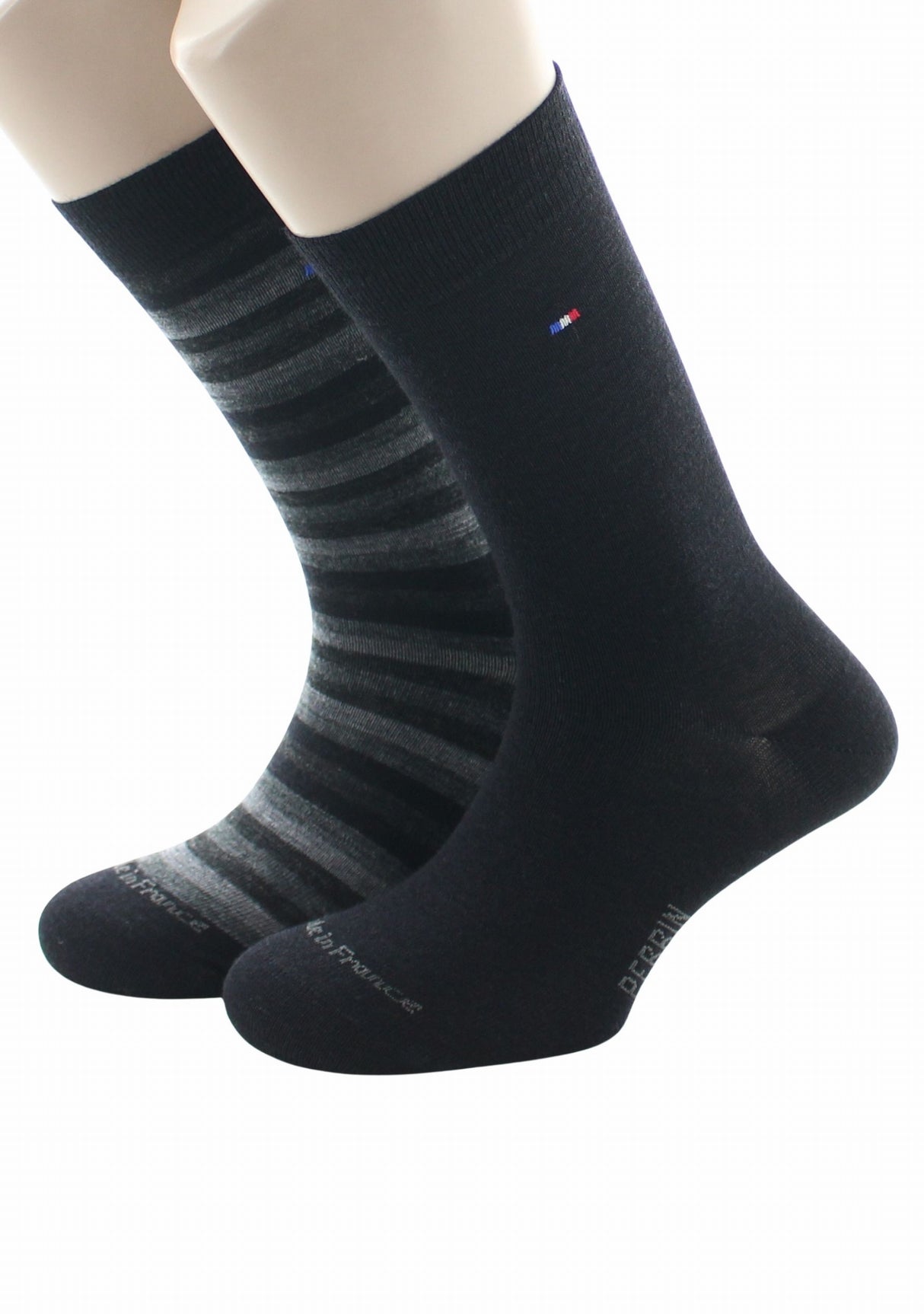 Duo de chaussettes en laine mérinos Perrin Noir uni/Noir & Gris rayé NOIR/GRIS