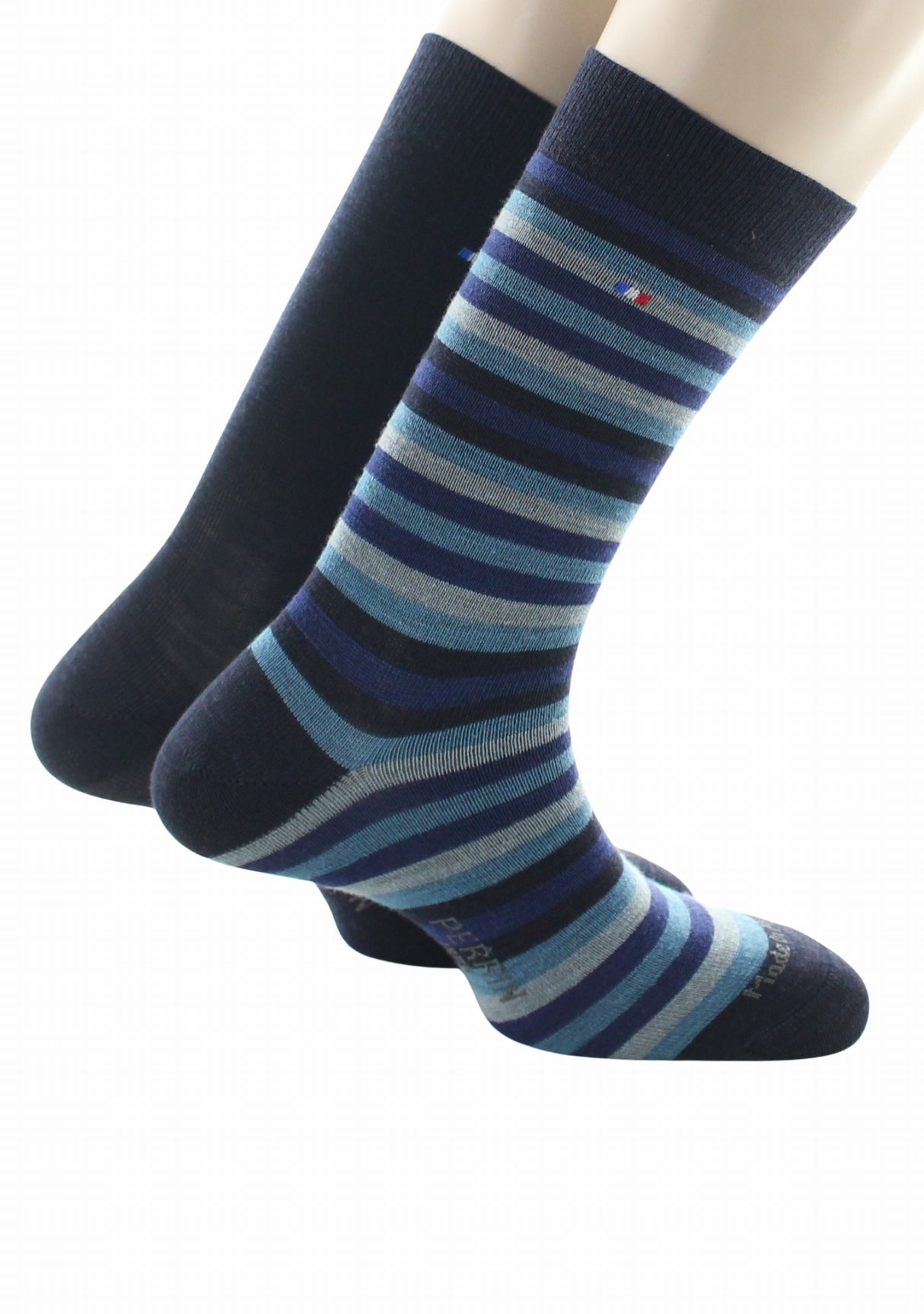 Duo de chaussettes en laine mérinos Perrin Marine uni/Noir, Marine, Gris rayé MARINE