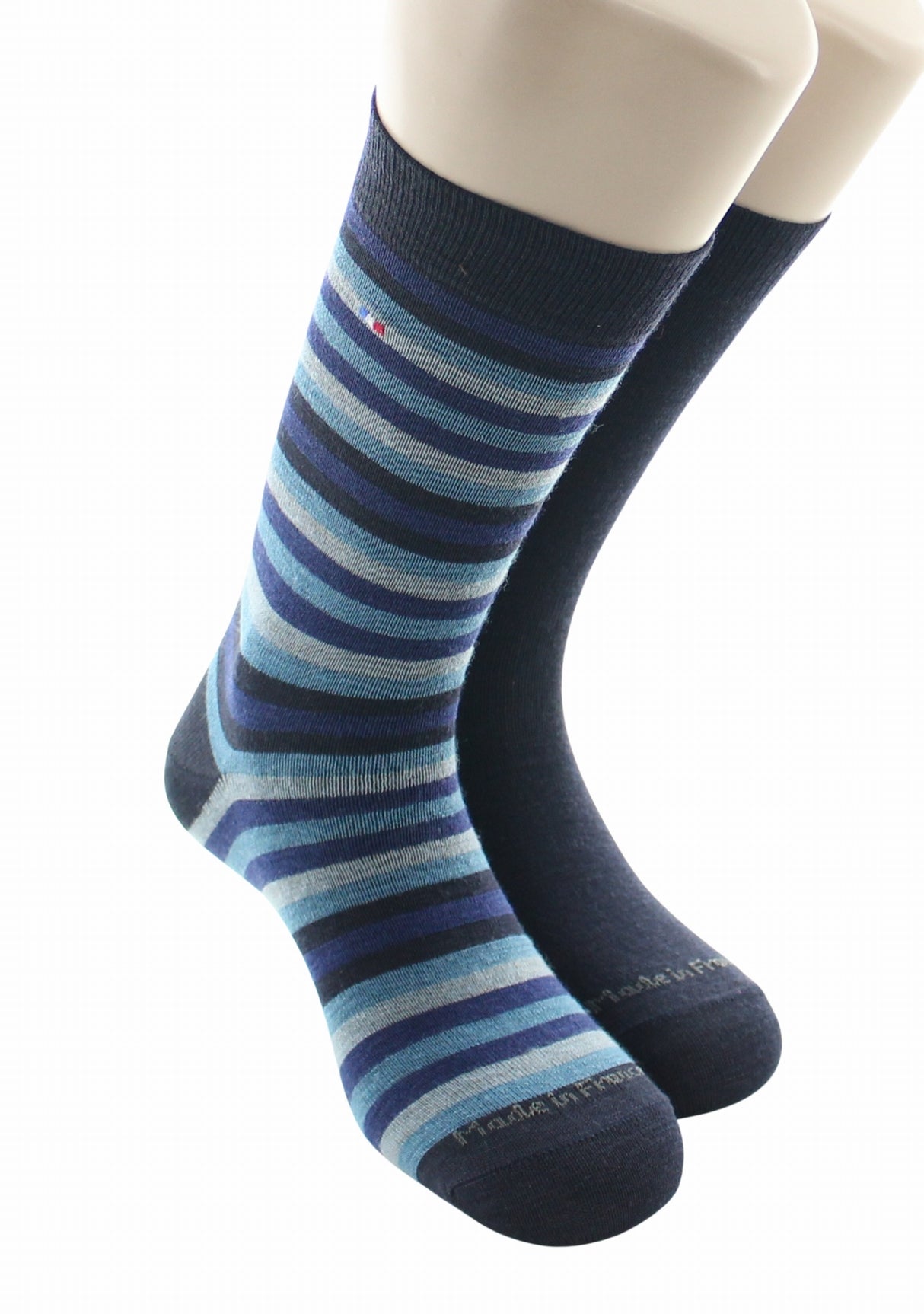 Duo de chaussettes en laine mérinos Perrin Marine uni/Noir, Marine, Gris rayé MARINE