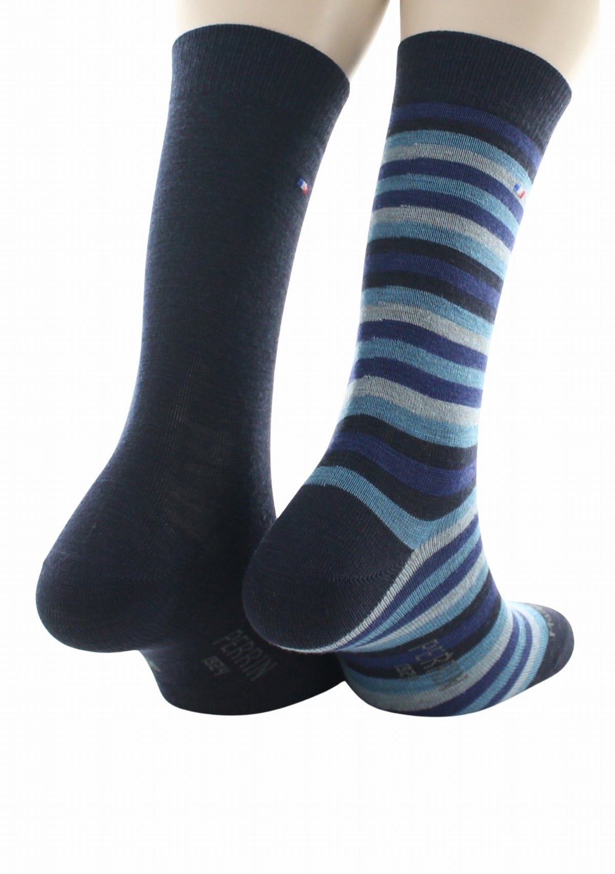 Duo de chaussettes en laine mérinos Perrin Marine uni/Noir, Marine, Gris rayé MARINE