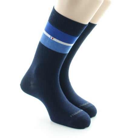 Lot 2 paires chaussettes homme laine peignée bandes colorées MARINE