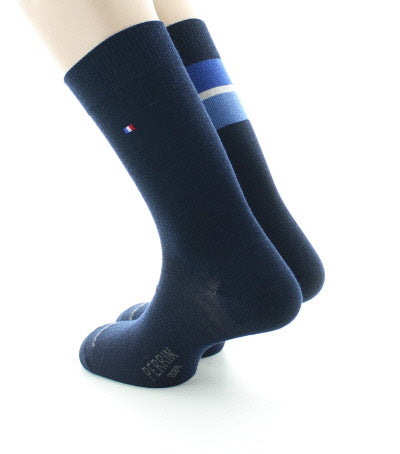 Lot 2 paires chaussettes homme laine peignée bandes colorées MARINE