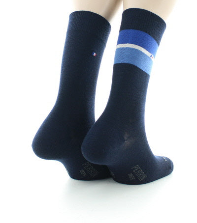 Lot 2 paires chaussettes homme laine peignée bandes colorées MARINE