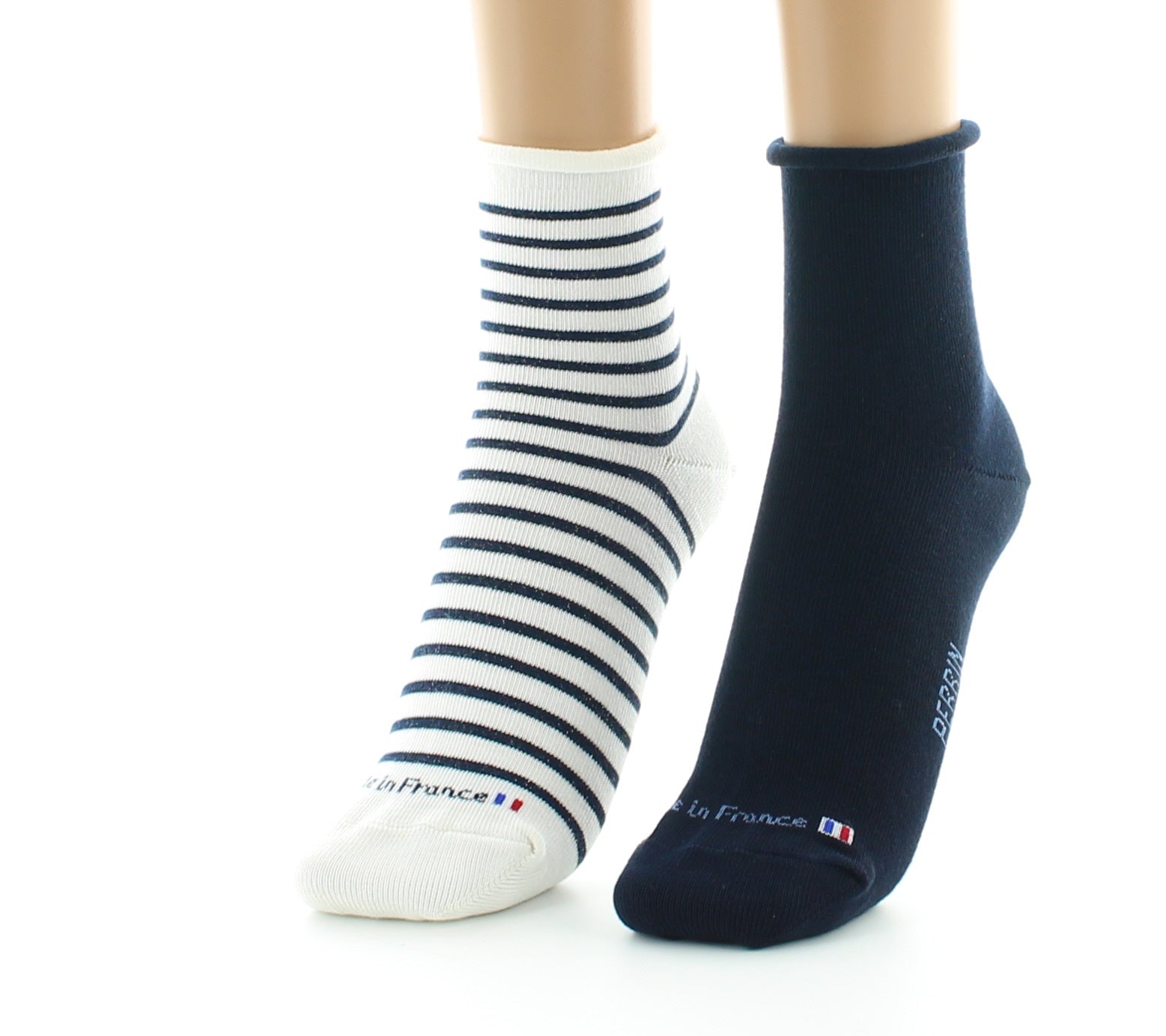 Lot de 2 paires Coton lurex Bord roulotté Marine/Ecru MARINE-ECRU