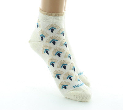 Lot de 2 paires Socquettes Femme Art déco en coton fil d'Écosse ECRU/TURQUOISE