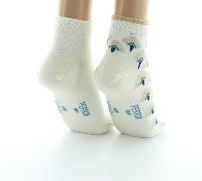 Lot de 2 paires Socquettes Femme Art déco en coton fil d'Écosse ECRU/TURQUOISE