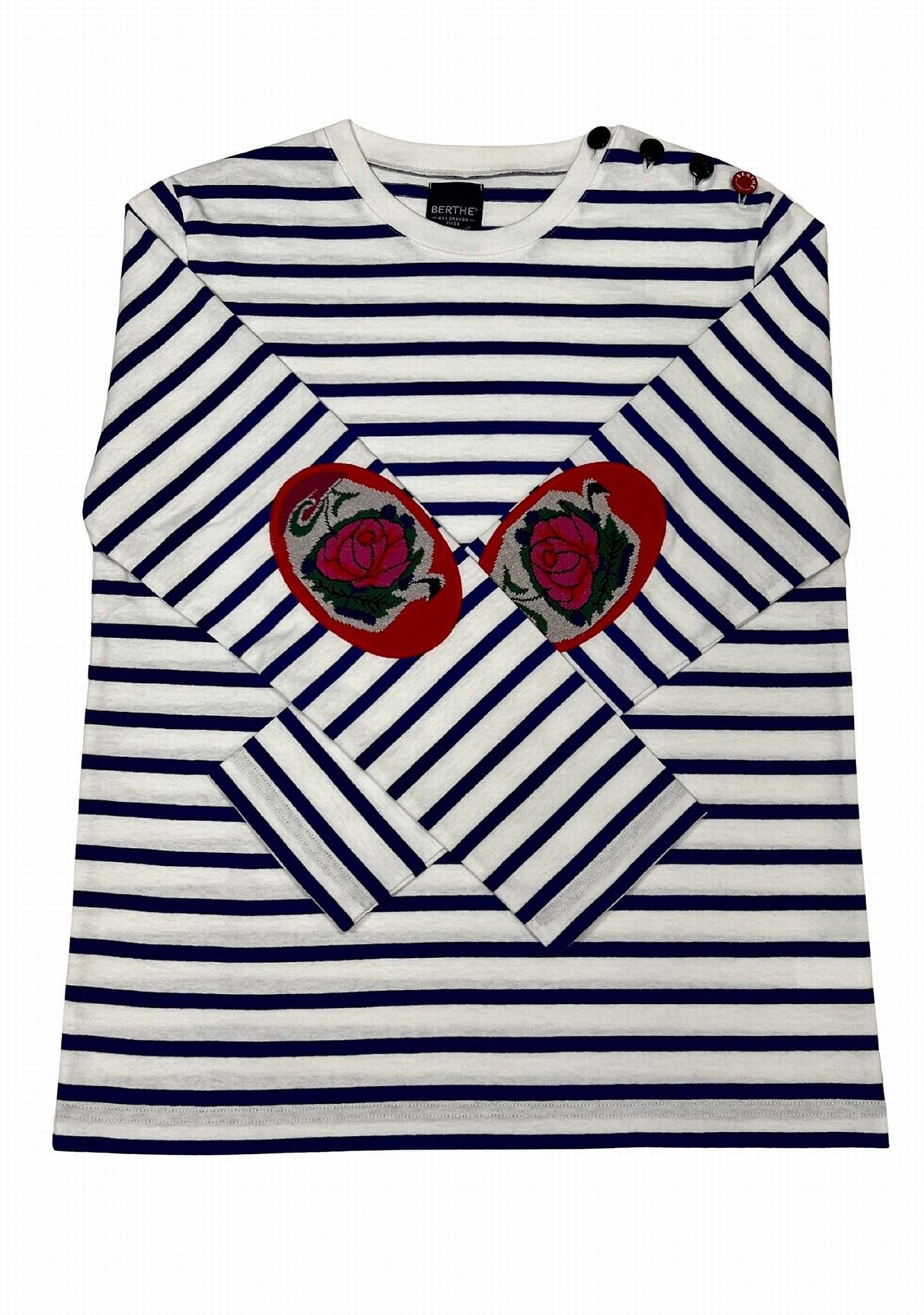 Marinière femme Berthe Aux Grands Pieds col rond coudières fleur de rose blanc bleu électrique BLA/BLE