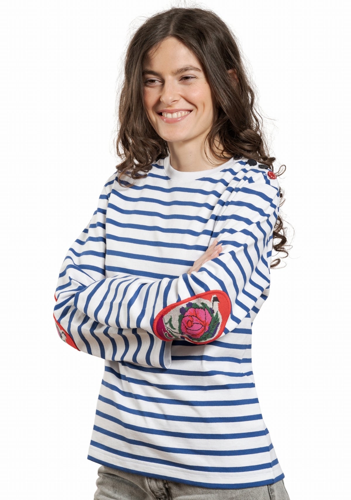 Marinière femme Berthe Aux Grands Pieds col rond coudières fleur de rose blanc bleu électrique BLA/BLE