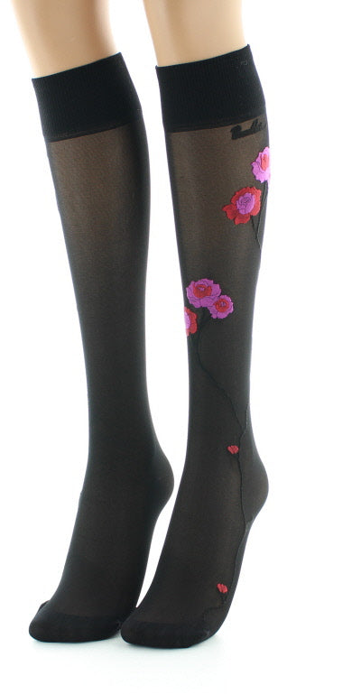 Mi-bas 30D noir Fleurs roses et rouges NOIR