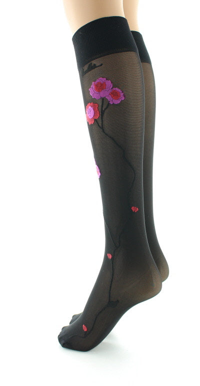 Mi-bas 30D noir Fleurs roses et rouges NOIR