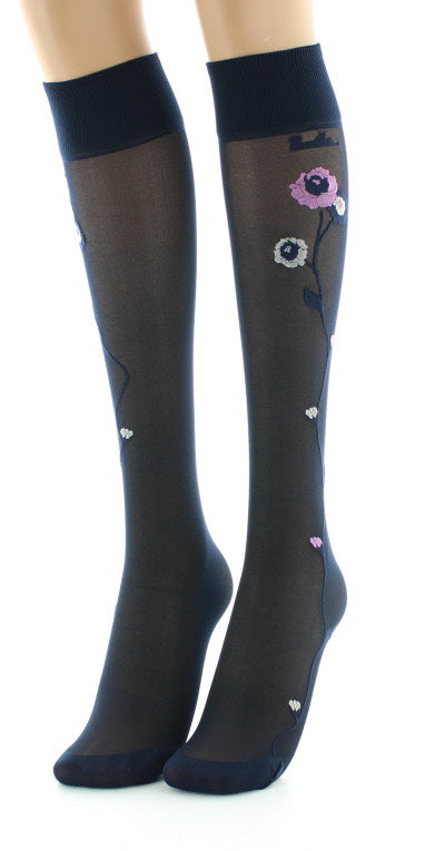 Mi-bas 30D marine Fleurs roses et beige BLEU MARINE