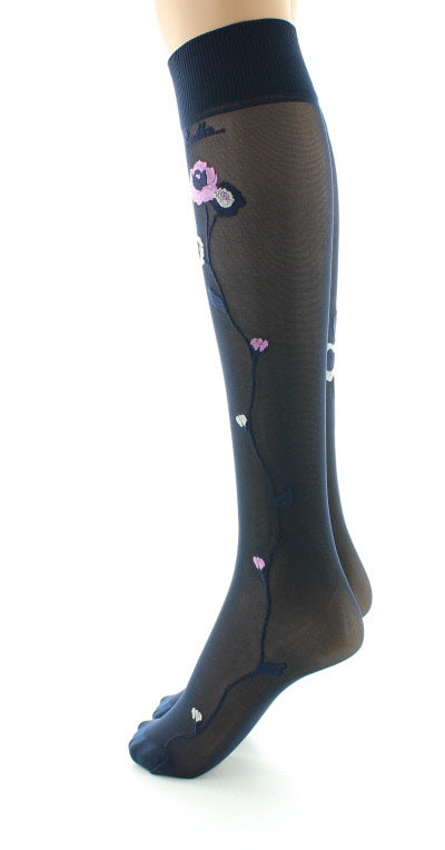 Mi-bas 30D marine Fleurs roses et beige BLEU MARINE