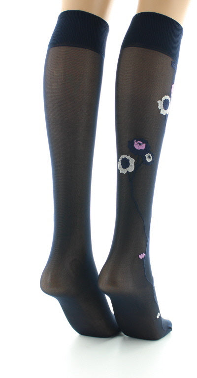 Mi-bas 30D marine Fleurs roses et beige BLEU MARINE