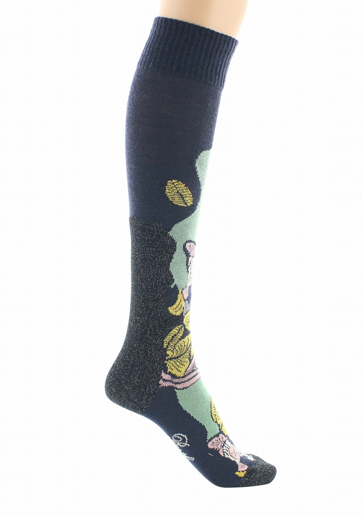 Mi-bas femme Berthe Feuilles d’Or MARINE/VERT