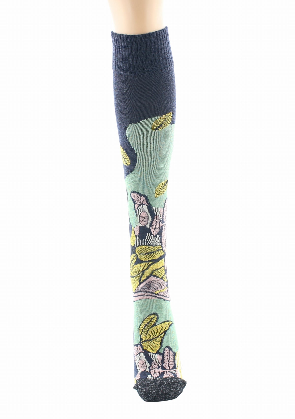 Mi-bas femme Berthe Feuilles d’Or MARINE/VERT