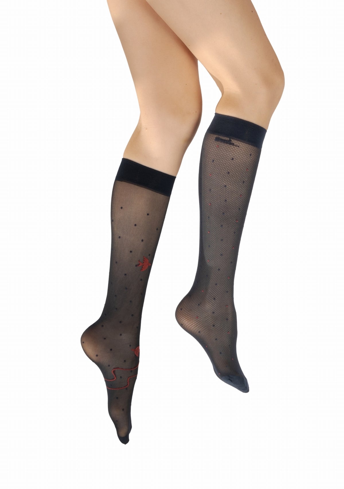 Mi-bas fins 30 deniers femme Berthe Aux Grands Pieds asymétriques marine oiseaux rouge MARINE/ROUGE/NOIR