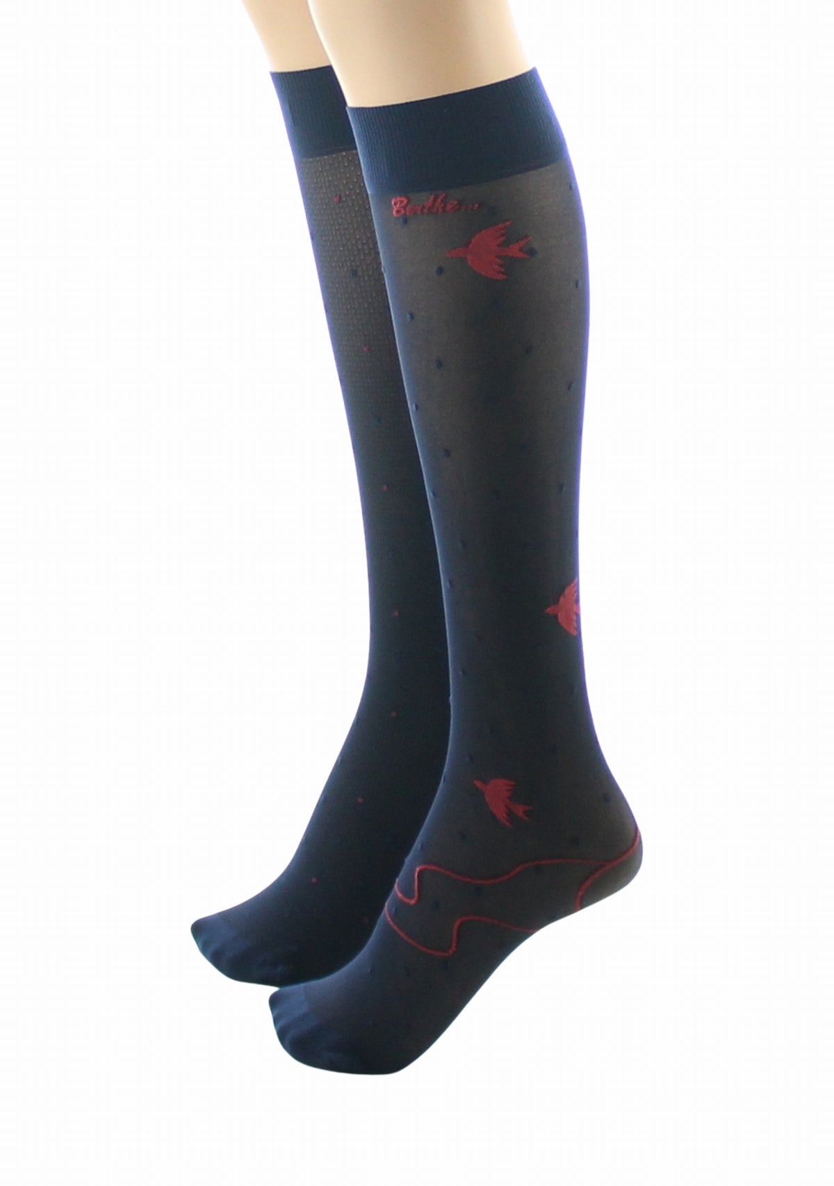 Mi-bas fins 30 deniers femme Berthe Aux Grands Pieds asymétriques marine oiseaux rouge MARINE/ROUGE/NOIR