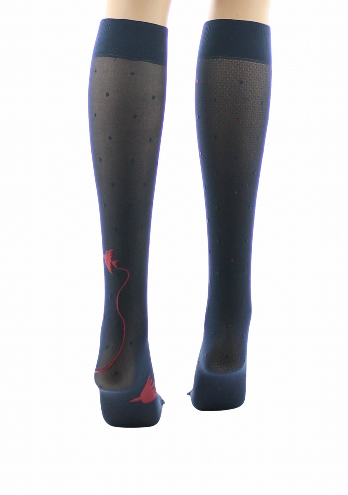Mi-bas fins 30 deniers femme Berthe Aux Grands Pieds asymétriques marine oiseaux rouge MARINE/ROUGE/NOIR