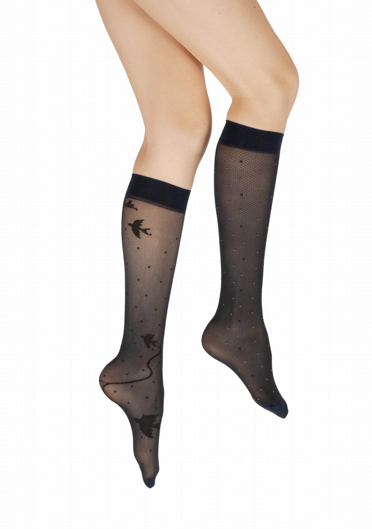 Mi-bas fins 30 deniers femme Berthe Aux Grands Pieds asymétriques marine pois kaki et oiseaux noir MARINE/KAKI/NOIR