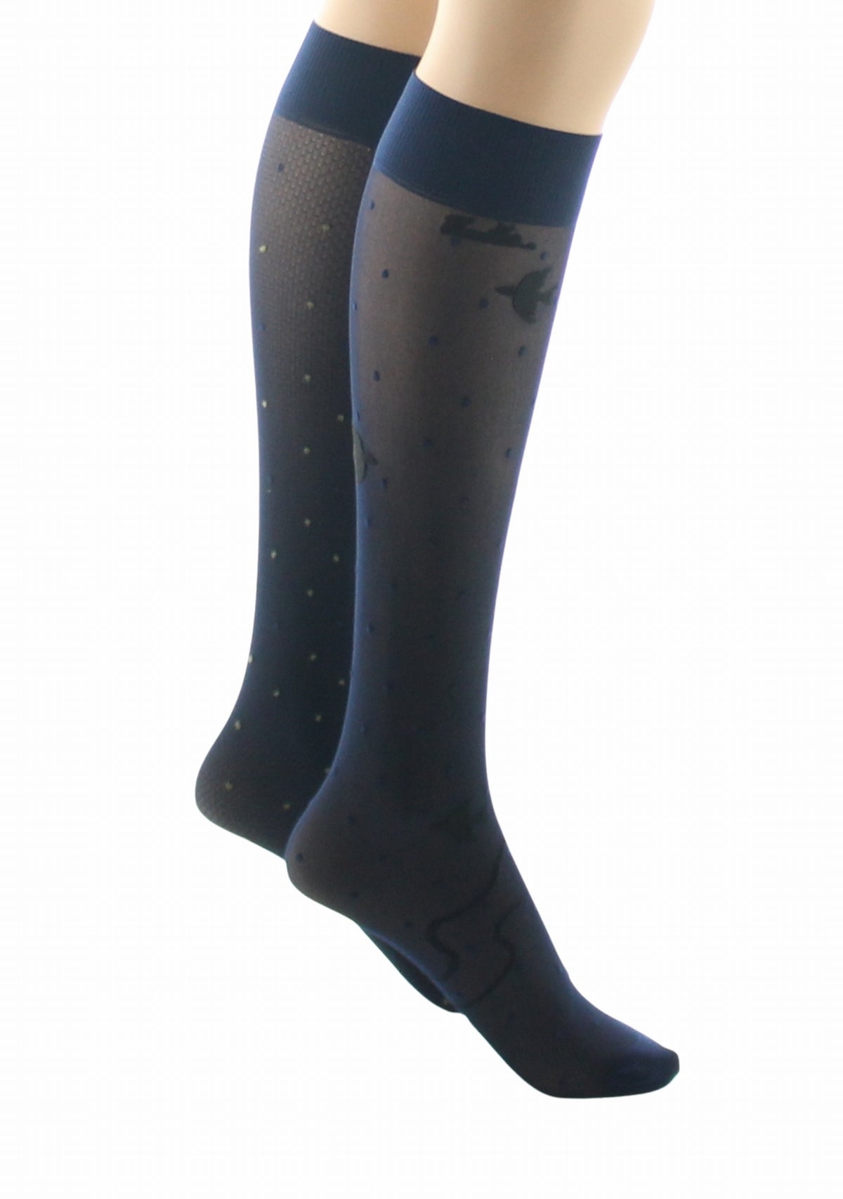 Mi-bas fins 30 deniers femme Berthe Aux Grands Pieds asymétriques marine pois kaki et oiseaux noir MARINE/KAKI/NOIR