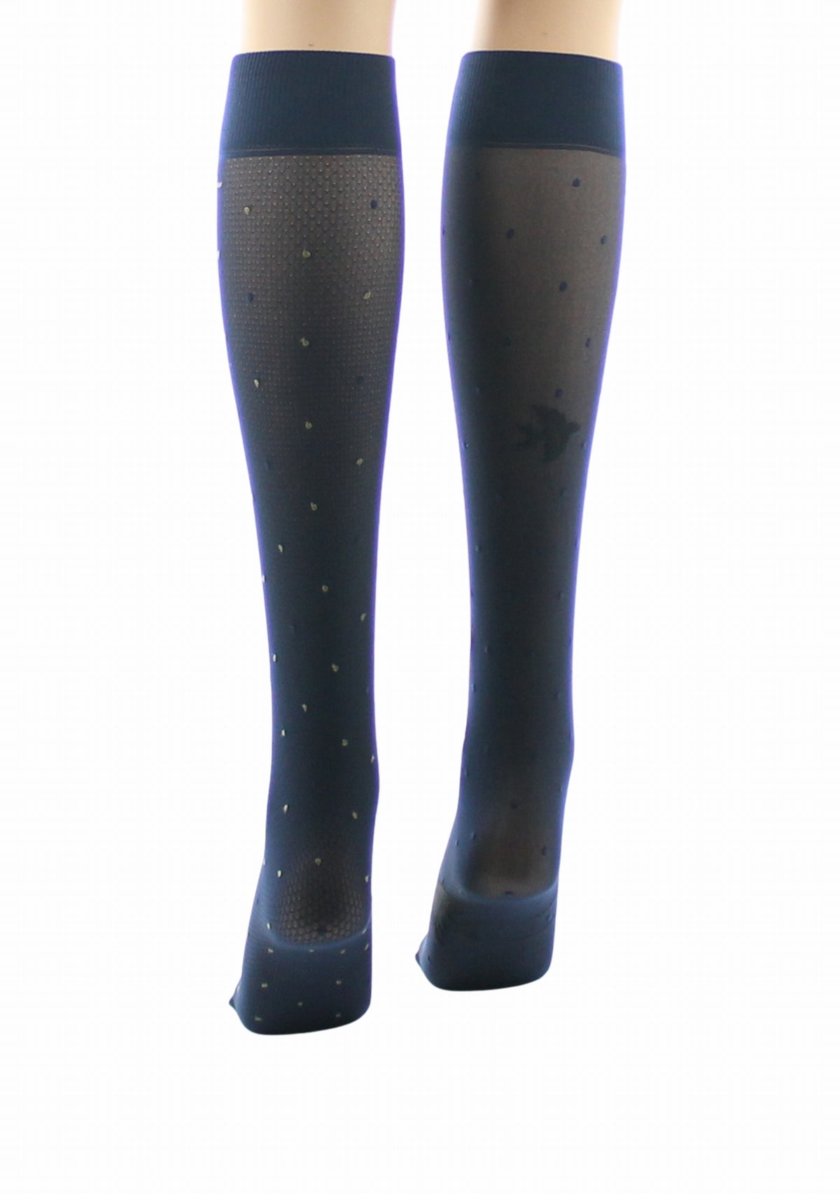 Mi-bas fins 30 deniers femme Berthe Aux Grands Pieds asymétriques marine pois kaki et oiseaux noir MARINE/KAKI/NOIR