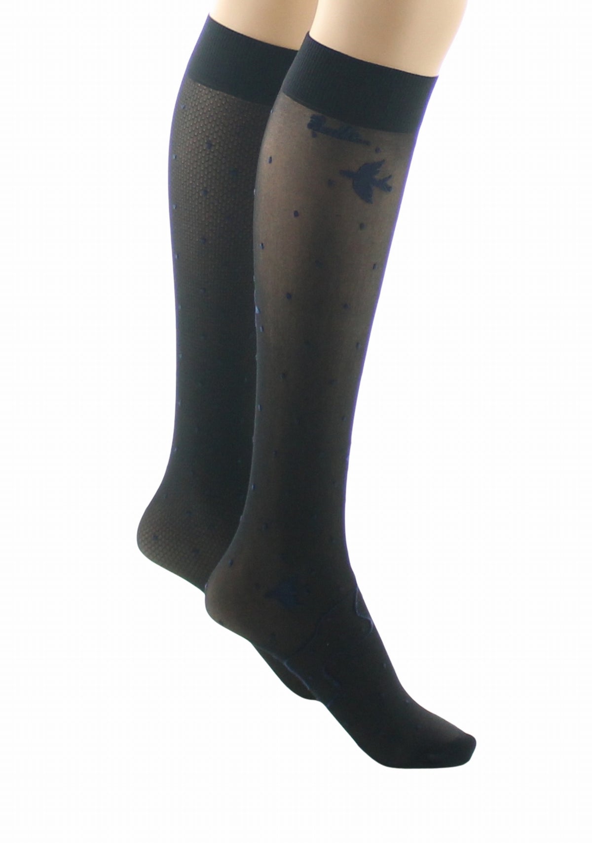 Mi-bas fins 30 deniers femme Berthe Aux Grands Pieds asymétriques noir pois et oiseaux marine NOIR/MARINE