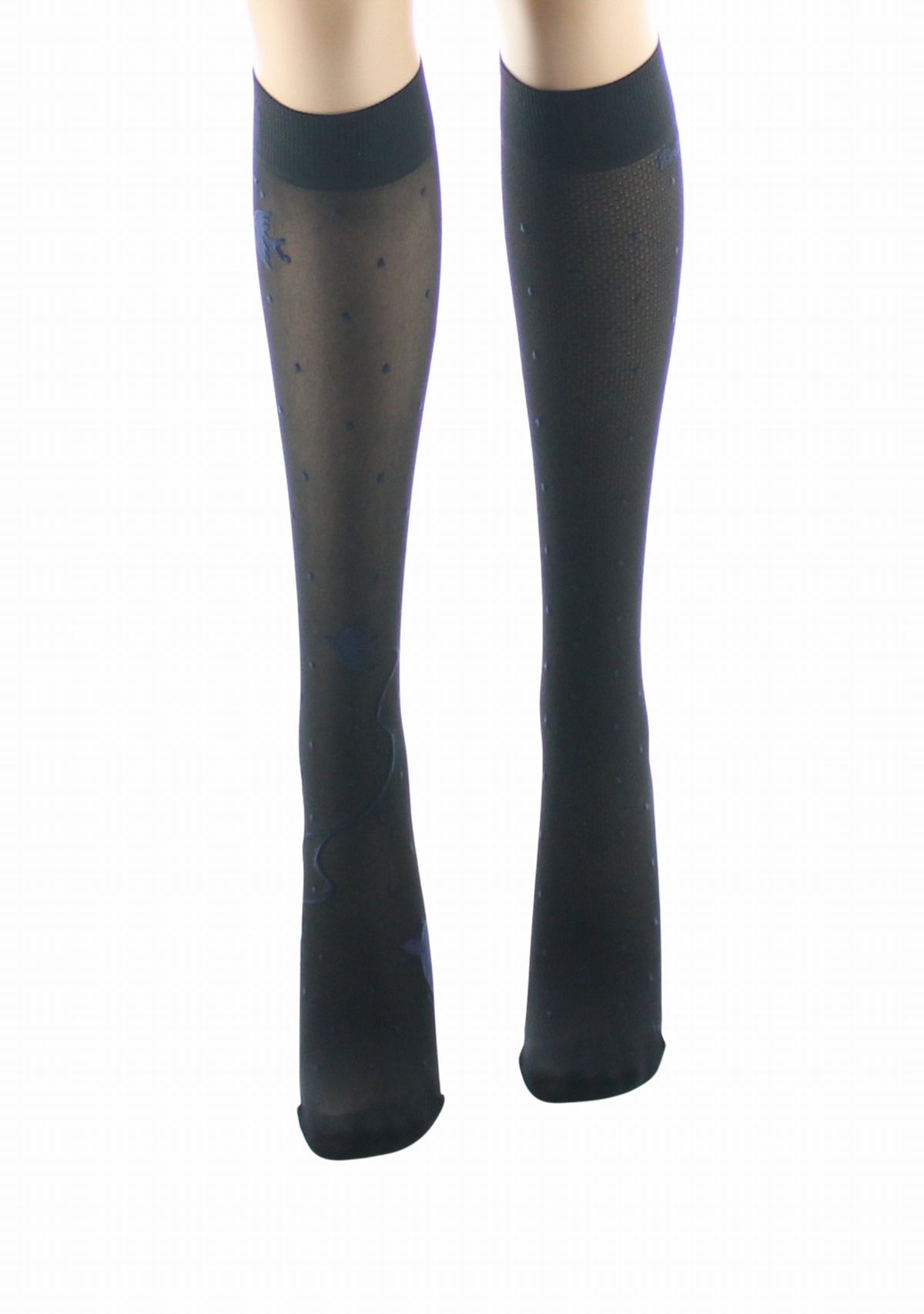 Mi-bas fins 30 deniers femme Berthe Aux Grands Pieds asymétriques noir pois et oiseaux marine NOIR/MARINE