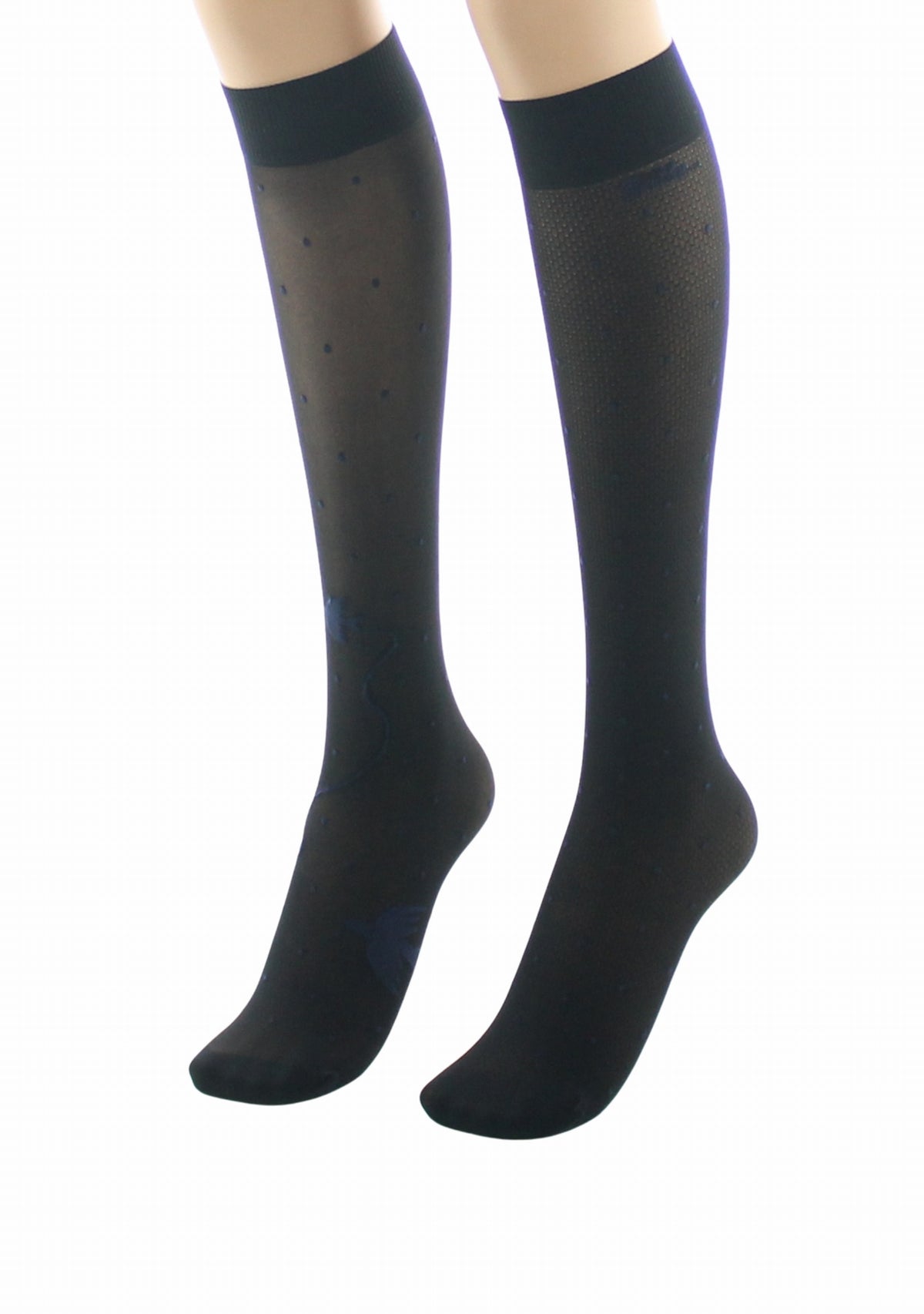 Mi-bas fins 30 deniers femme Berthe Aux Grands Pieds asymétriques noir pois et oiseaux marine NOIR/MARINE