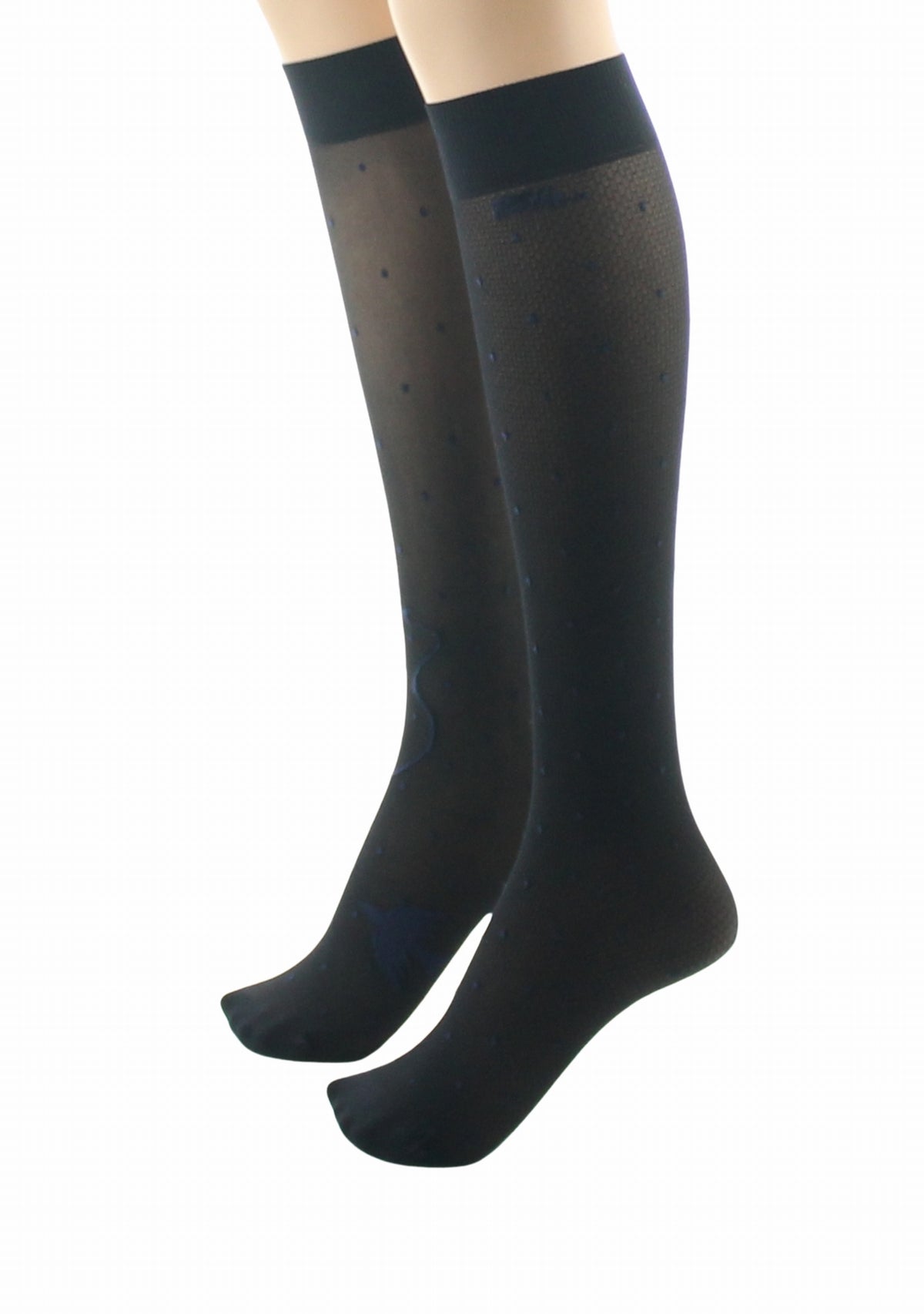 Mi-bas fins 30 deniers femme Berthe Aux Grands Pieds asymétriques noir pois et oiseaux marine NOIR/MARINE