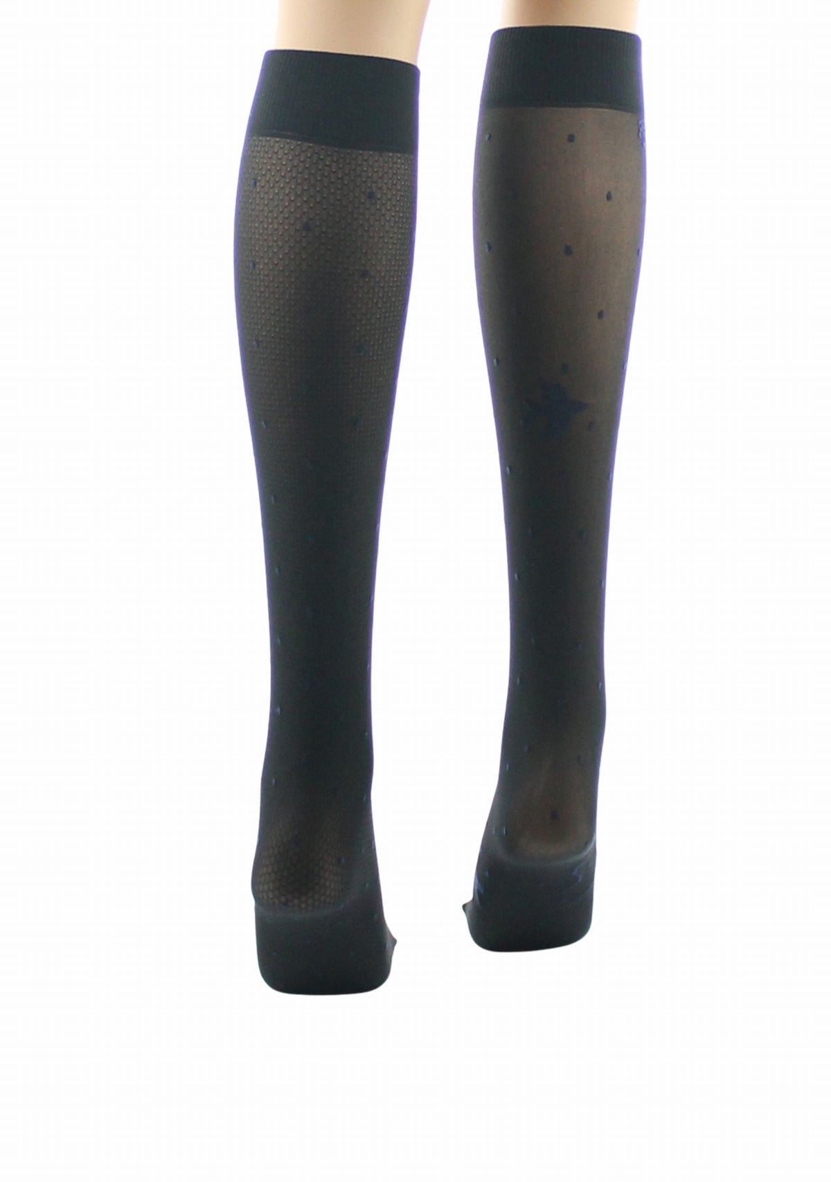 Mi-bas fins 30 deniers femme Berthe Aux Grands Pieds asymétriques noir pois et oiseaux marine NOIR/MARINE