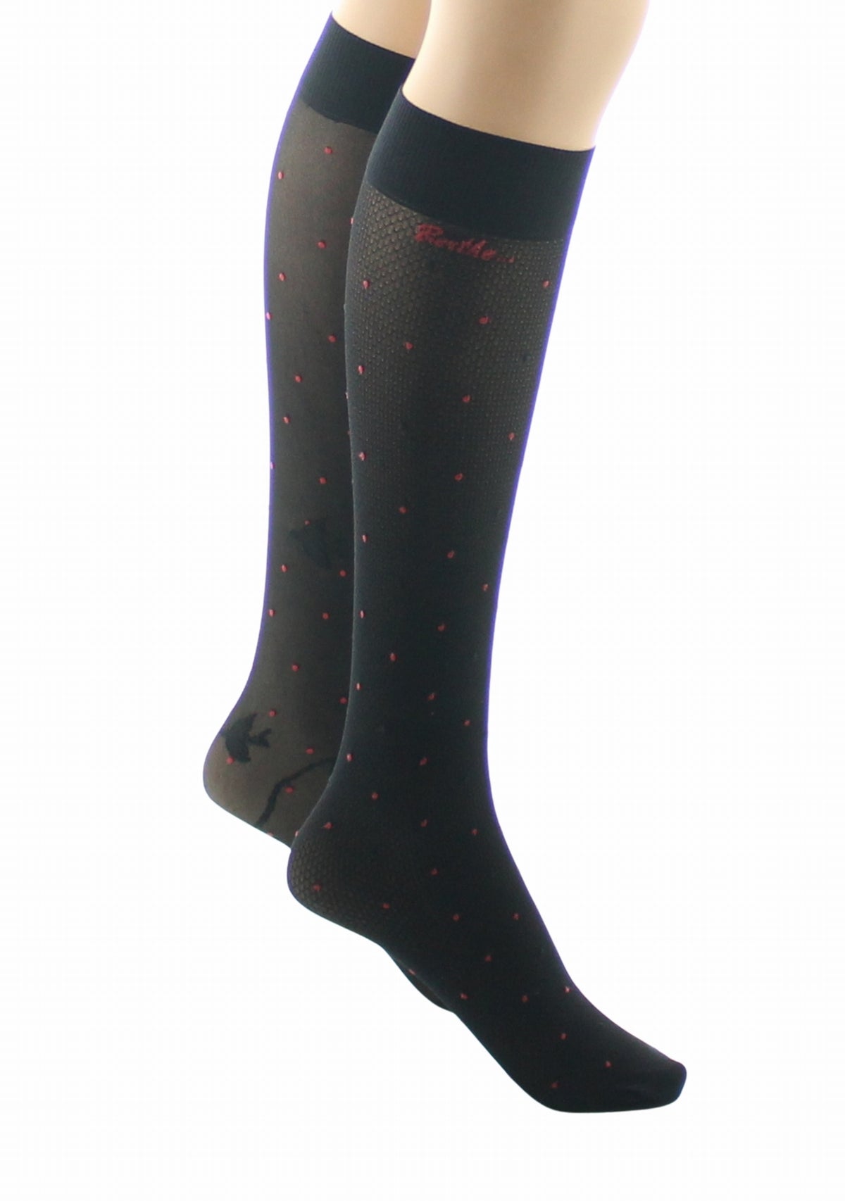 Mi-bas fins 30 deniers femme Berthe Aux Grands Pieds asymétriques pois rouges et oiseaux noir NOIR/ROUGE/NOIR
