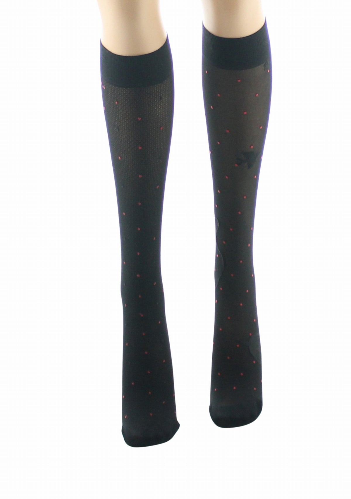 Mi-bas fins 30 deniers femme Berthe Aux Grands Pieds asymétriques pois rouges et oiseaux noir NOIR/ROUGE/NOIR