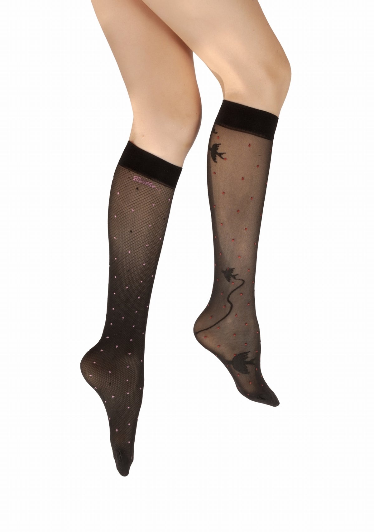 Mi-bas fins 30 deniers femme Berthe Aux Grands Pieds asymétriques résille et oiseaux noir NOIR/ROUGE/ROSE/NOIR