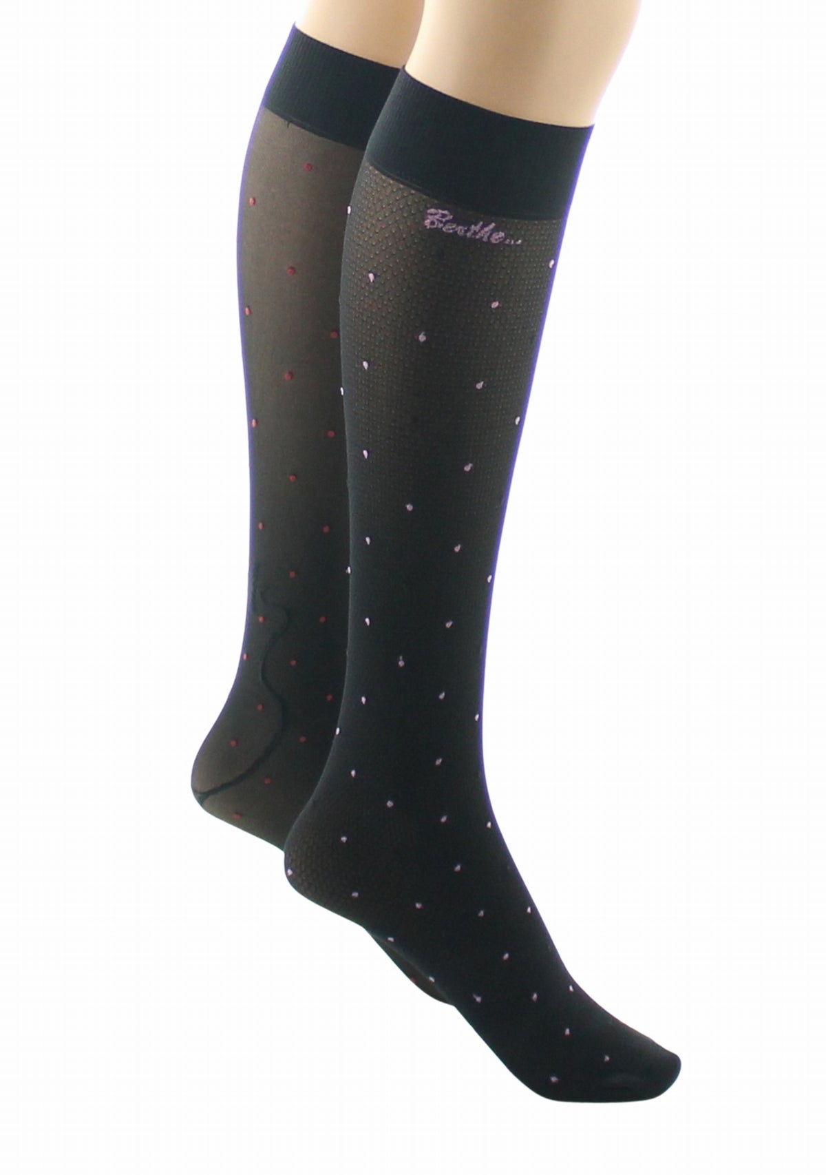 Mi-bas fins 30 deniers femme Berthe Aux Grands Pieds asymétriques résille et oiseaux noir NOIR/ROUGE/ROSE/NOIR