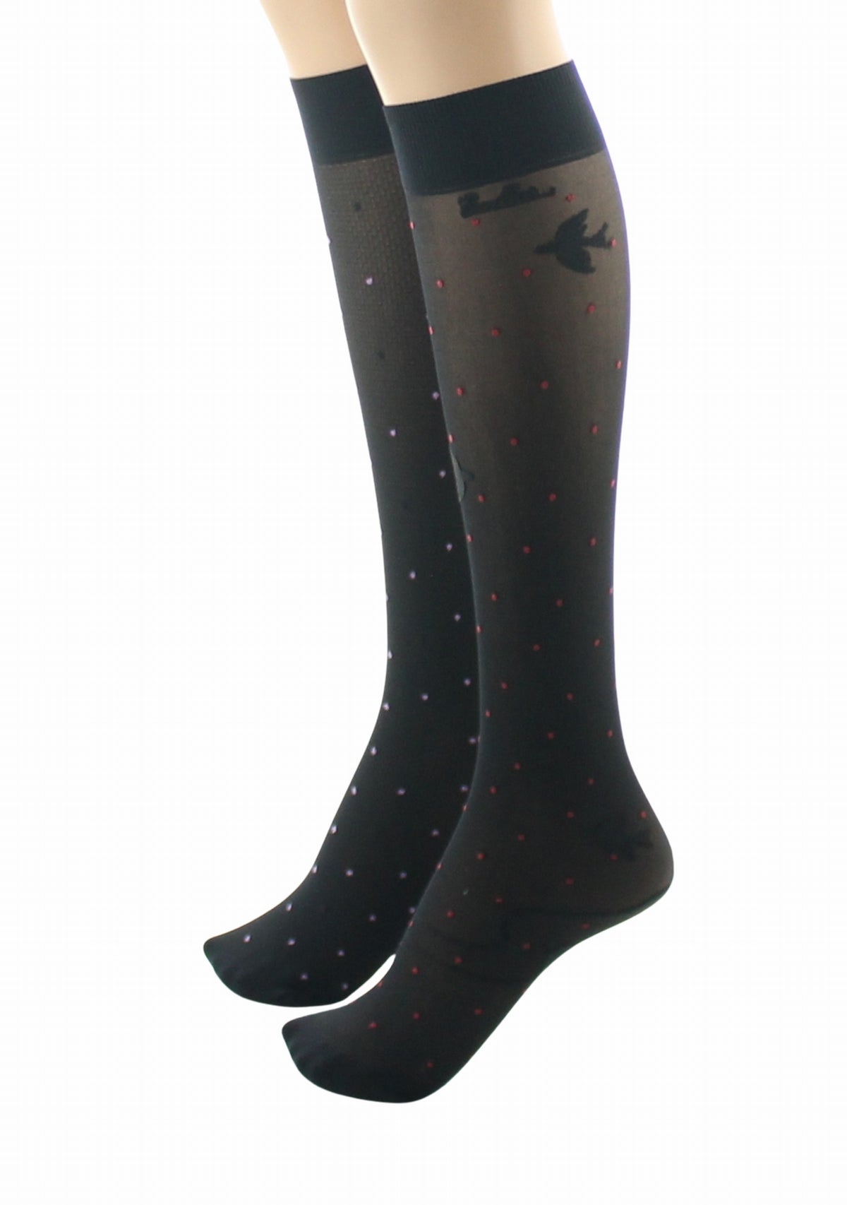 Mi-bas fins 30 deniers femme Berthe Aux Grands Pieds asymétriques résille et oiseaux noir NOIR/ROUGE/ROSE/NOIR