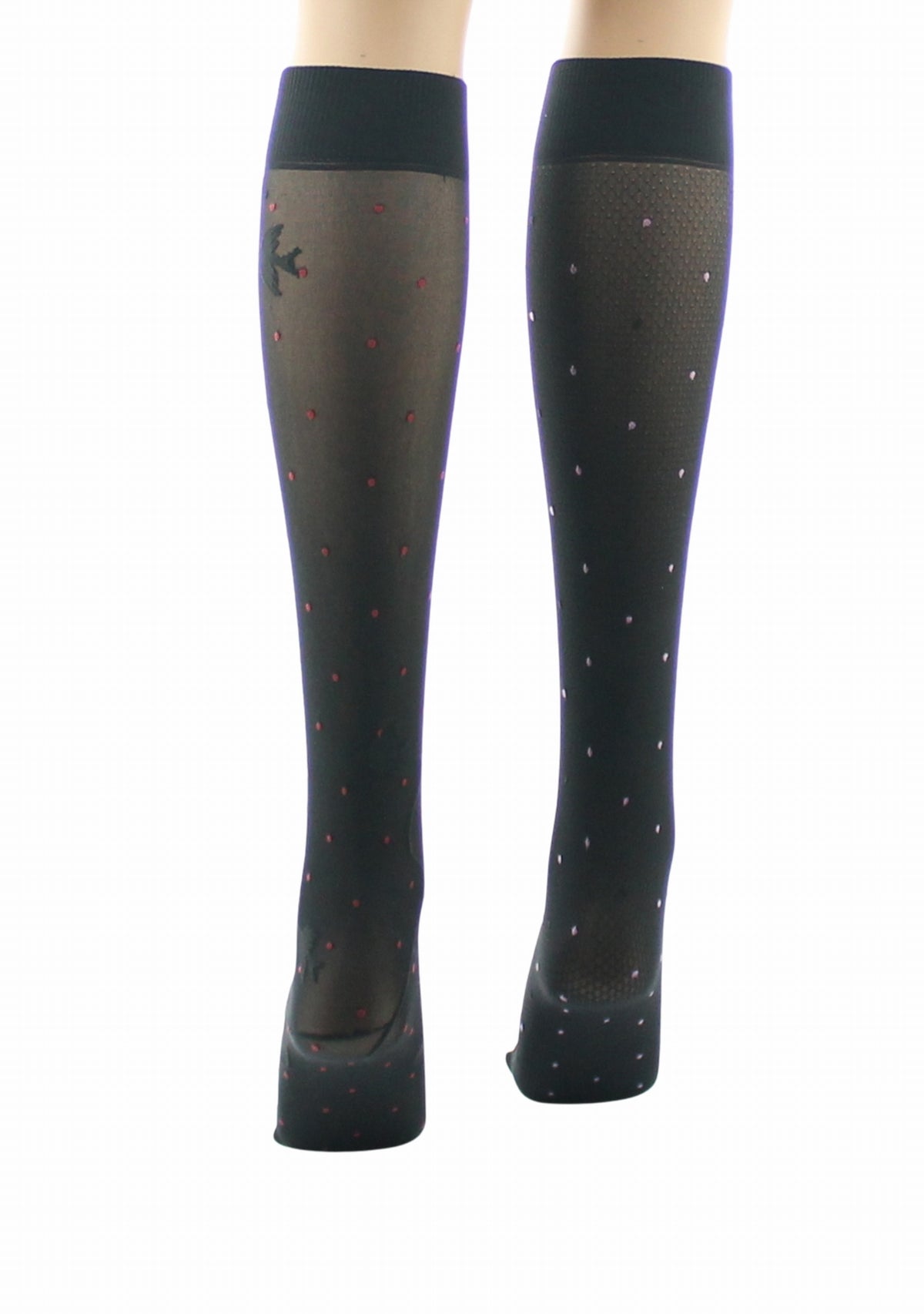 Mi-bas fins 30 deniers femme Berthe Aux Grands Pieds asymétriques résille et oiseaux noir NOIR/ROUGE/ROSE/NOIR