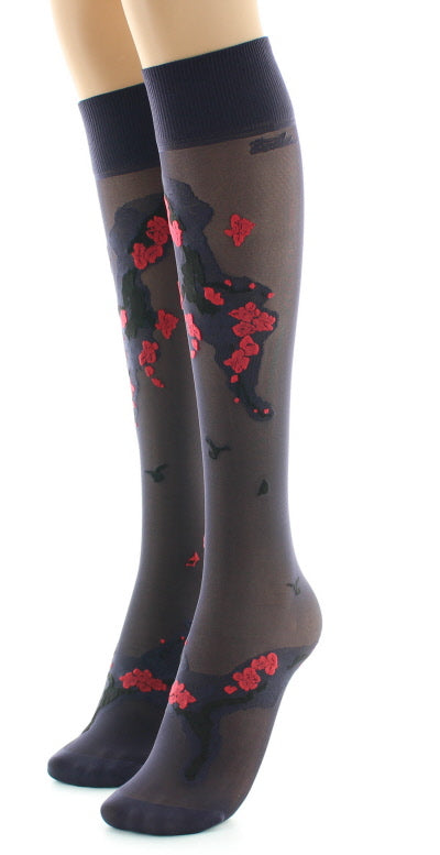 Mi-bas fleurs japonaises Rouge ROUGE