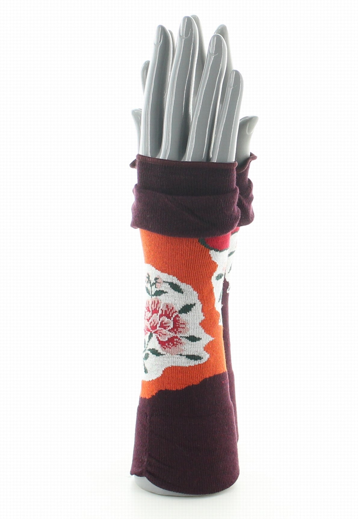 Mitaines femme coton fleurs sur fond orange et bordeaux ORANGE/BORDEAUX