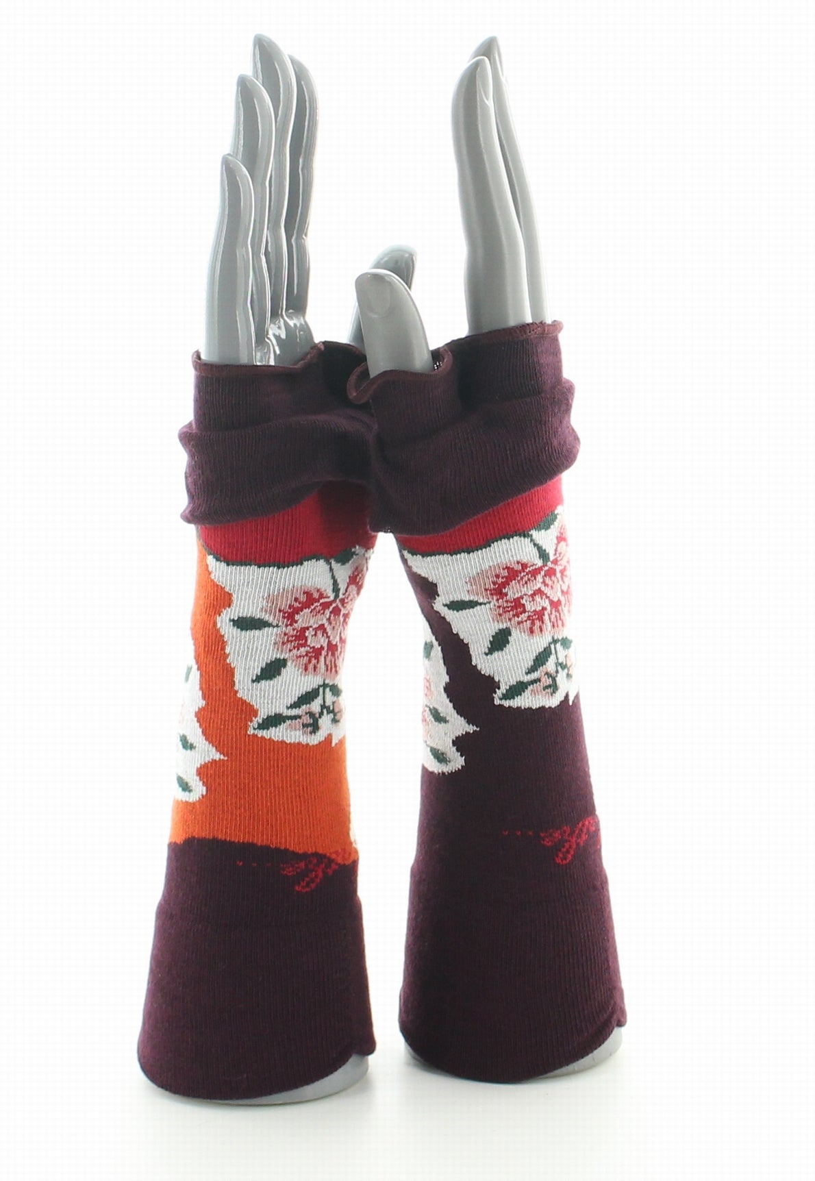 Mitaines femme coton fleurs sur fond orange et bordeaux ORANGE/BORDEAUX