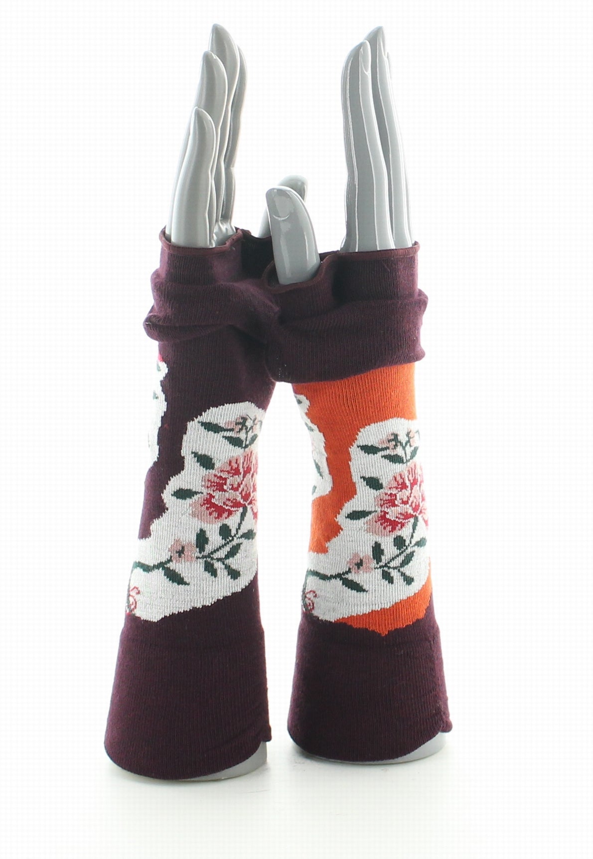 Mitaines femme coton fleurs sur fond orange et bordeaux ORANGE/BORDEAUX