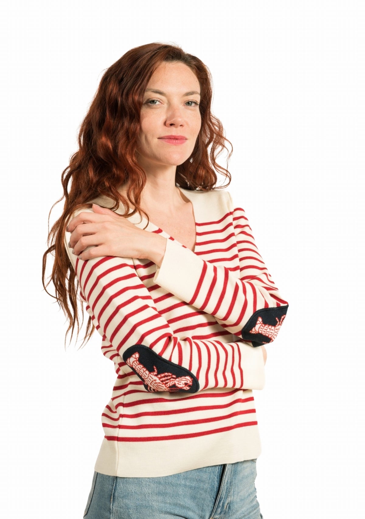 Pull col V femme rayé ivoire/rouge à coudières Homard IVOIRE/ROUGE