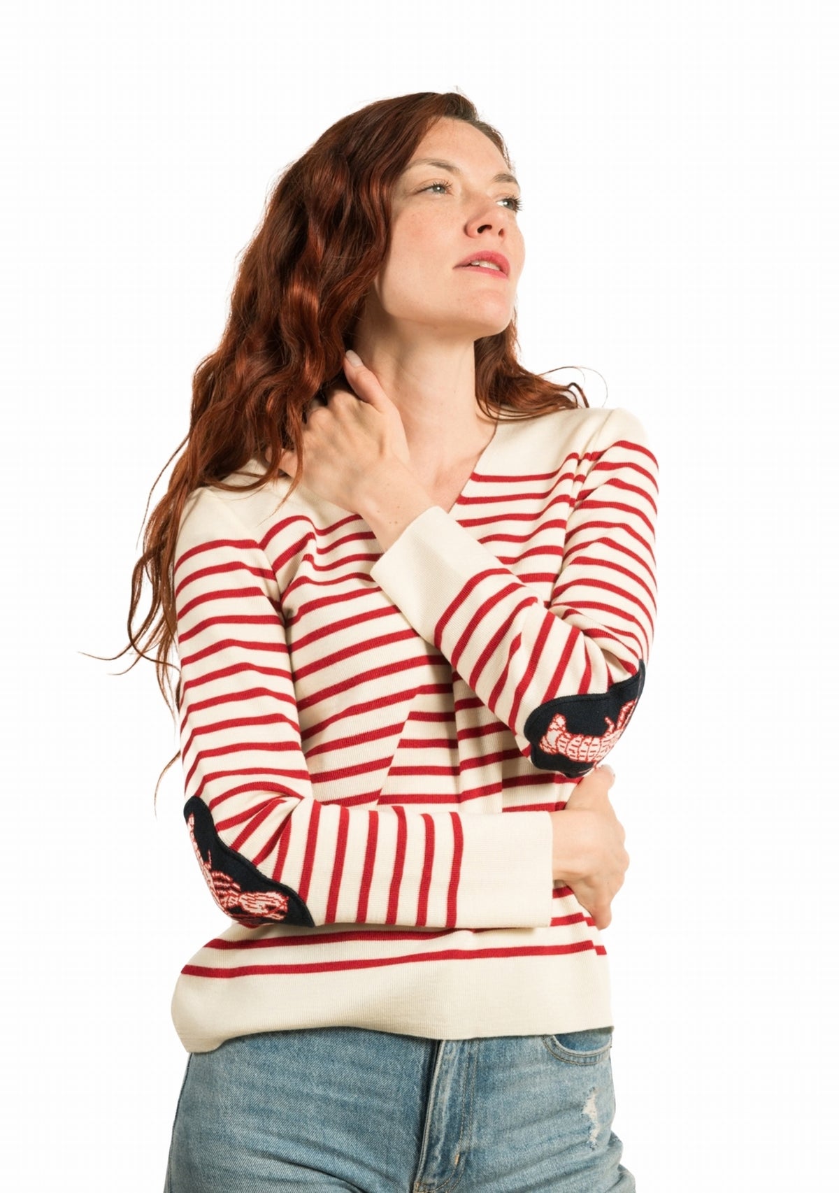 Pull col V femme rayé ivoire/rouge à coudières Homard IVOIRE/ROUGE