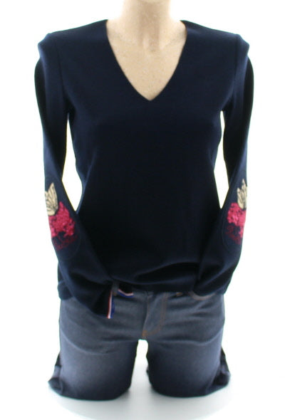 Pull marin Femme Papillons col V MARINE