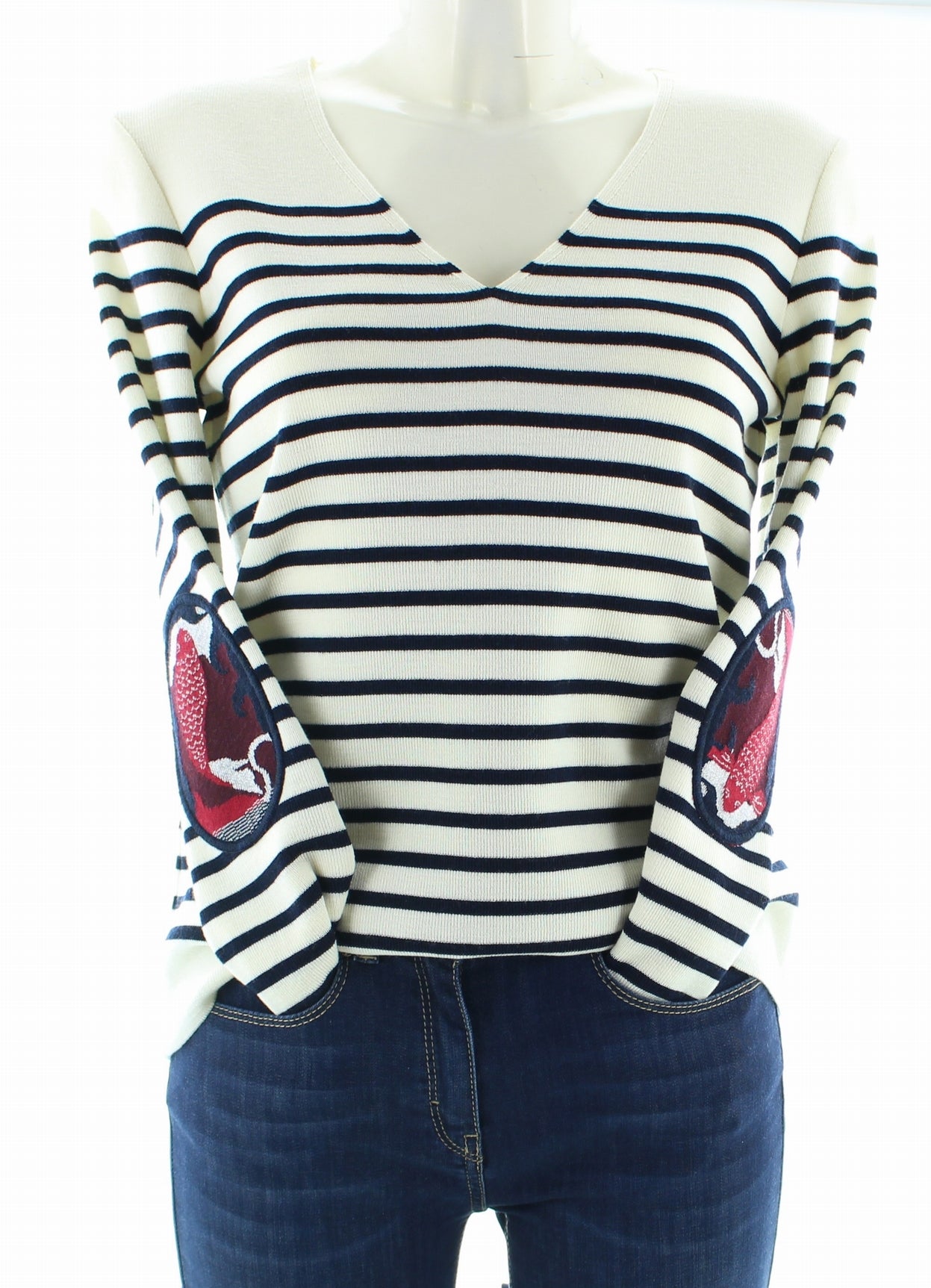 Pull marin Femme rayé Carpe Col V MARINE-ECRU