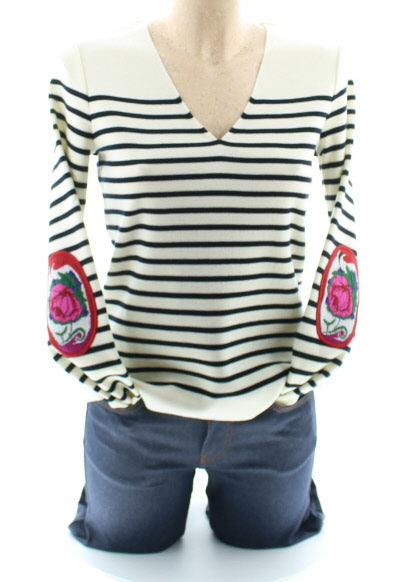 Pull marin Femme Rayé Roses col V MARINE-ECRU