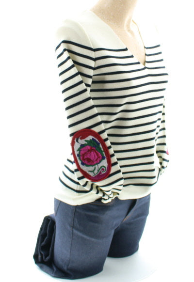 Pull marin Femme Rayé Roses col V MARINE-ECRU
